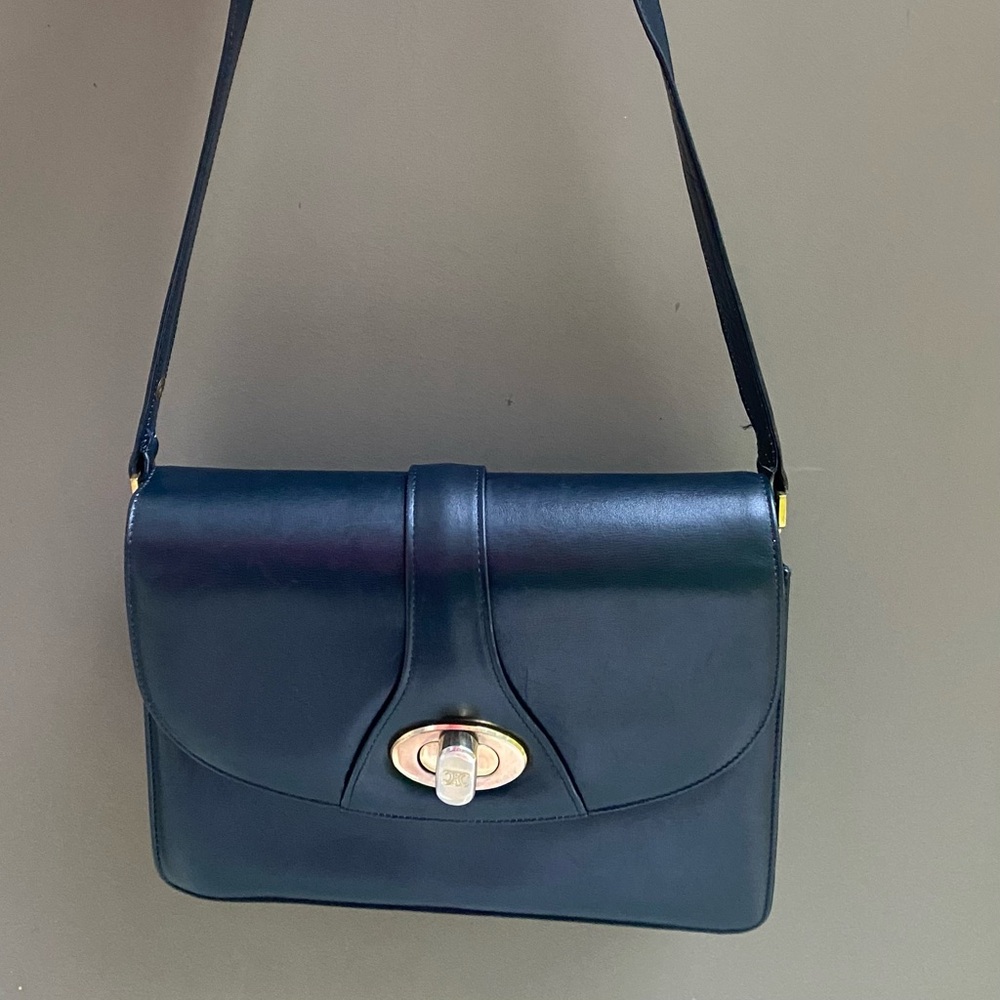 Celine Vintage Black/Dark Navy Triomphe Leather Shoulder Bag